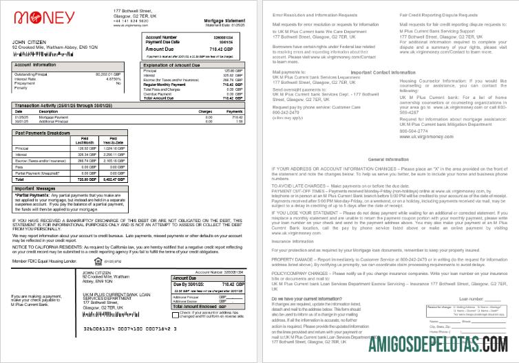 Extrato de hipoteca bancária atual M Plus do Reino Unido em formatos Word e PDF exemplo real